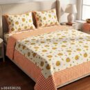Riyaawearz 100% Pure Cotton Bedspread for Double Bed Queen Size | Soft & Breathable Bedding with 2 Pillow Covers | Golden Pumpkin Design | Soft Breathable Cotton Bed Cover | 90 x 100 Inches
