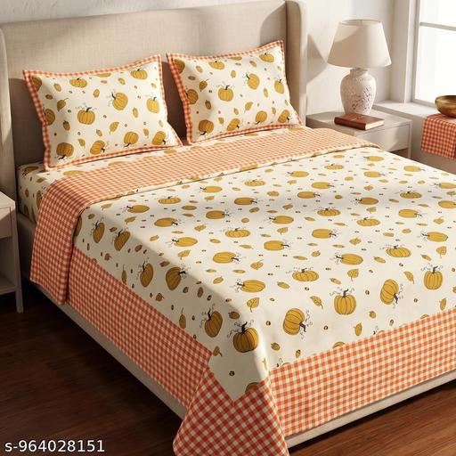 Riyaawearz 100% Pure Cotton Bedspread for Double Bed Queen Size | Soft & Breathable Bedding with 2 Pillow Covers | Golden Pumpkin Design | Soft Breathable Cotton Bed Cover | 90 x 100 Inches