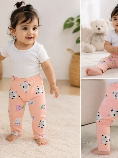 Baby Girls Kitten Print Leggings | Soft Cotton Full Length Pants | Cute Cat Print Bottom Wear