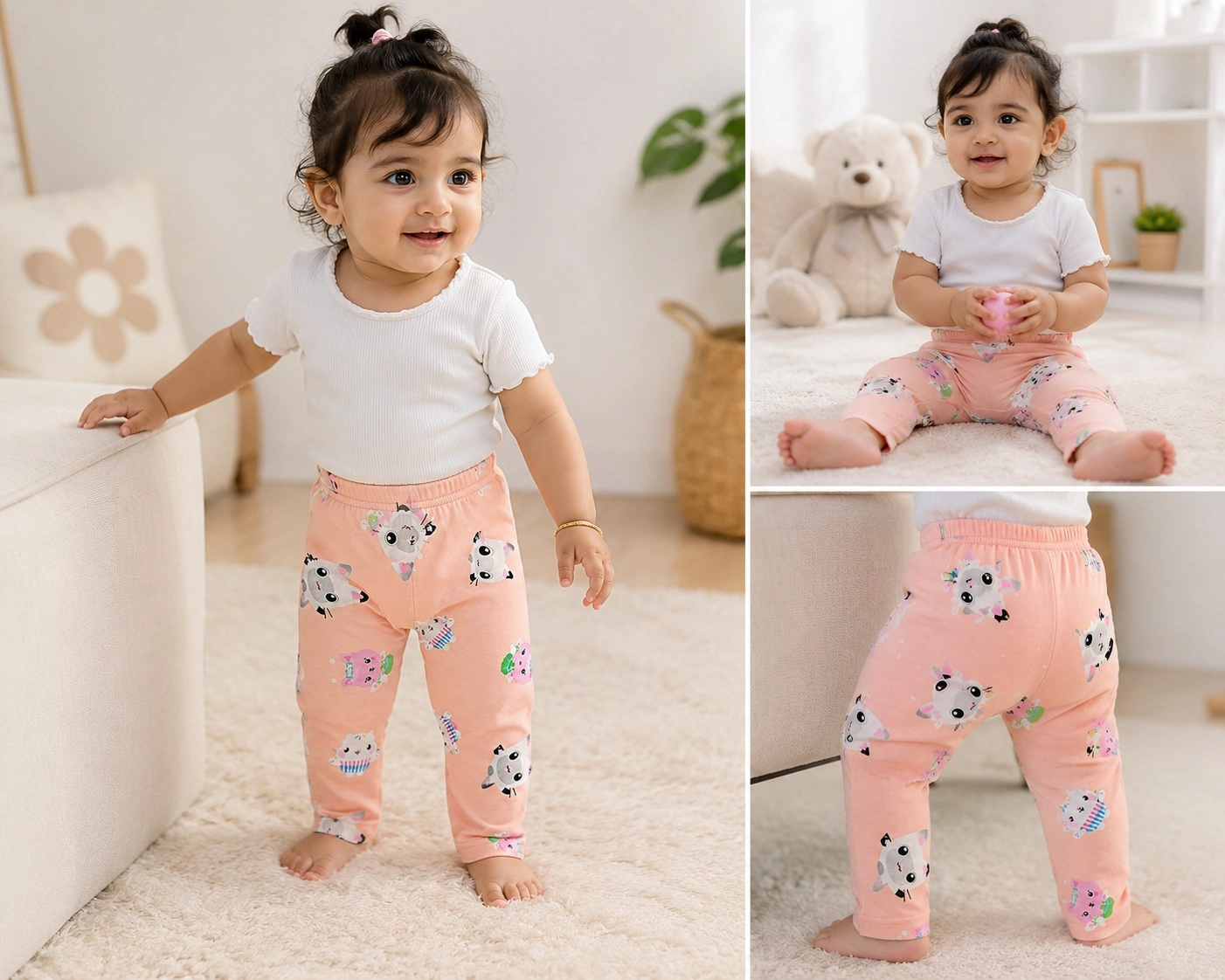 Baby Girls Kitten Print Leggings | Soft Cotton Full Length Pants | Cute Cat Print Bottom Wear