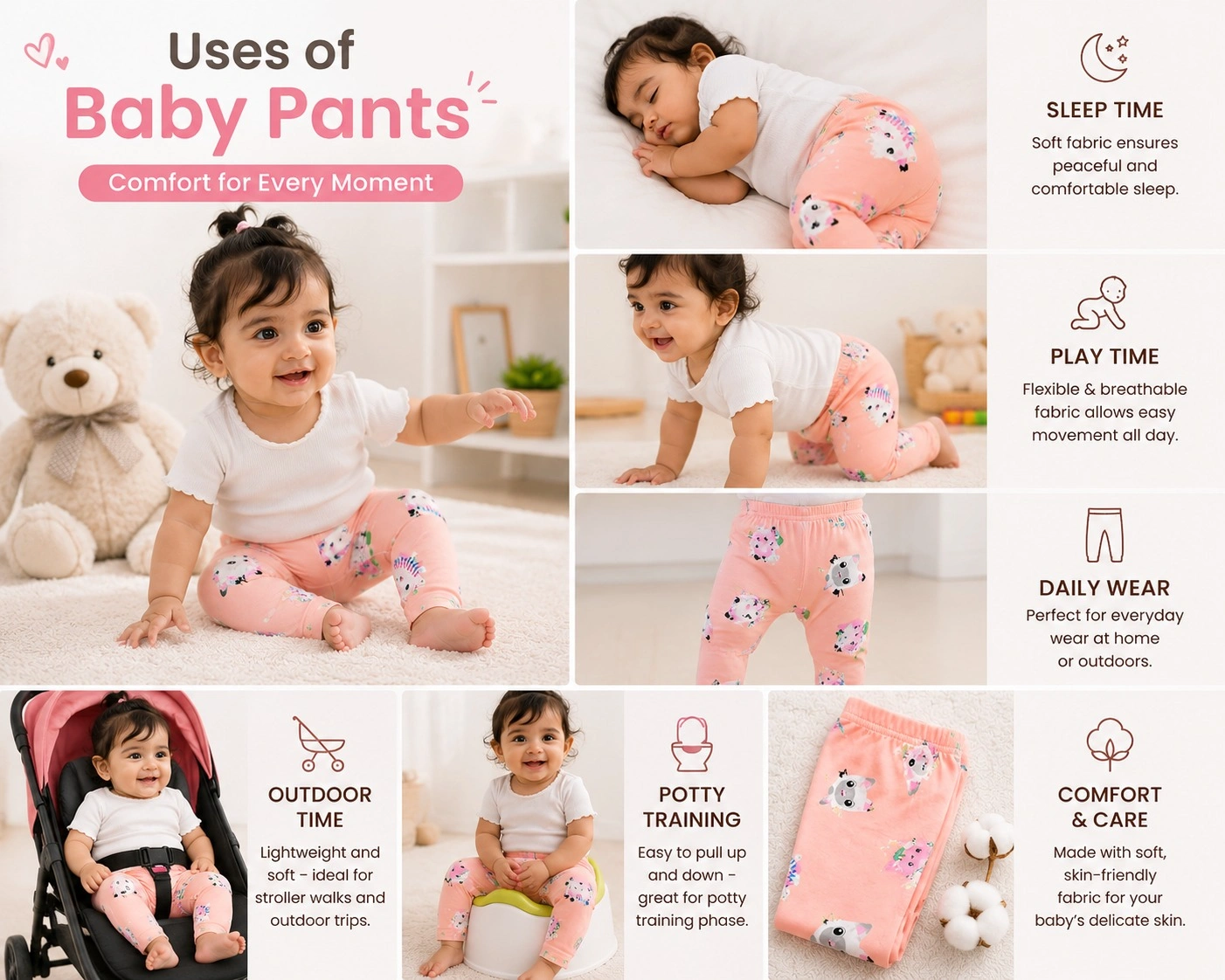 Baby Girls Kitten Print Leggings | Soft Cotton Full Length Pants | Cute Cat Print Bottom Wear