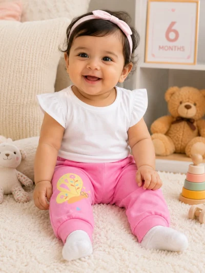 Baby Girls Butterfly Print Footed Joggers | Cotton Jogger Pants with Cuffed Ankles | 3-12 Months