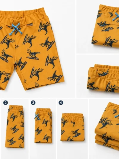 Baby Boys Dinosaur Print Shorts | Cotton Drawstring Shorts | Mustard Surfing Dino Print