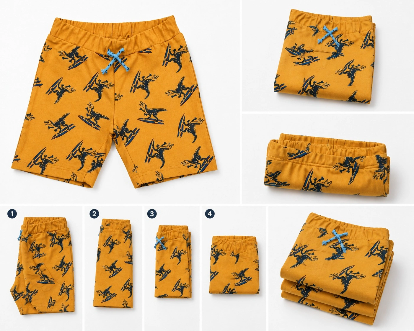 Baby Boys Dinosaur Print Shorts | Cotton Drawstring Shorts | Mustard Surfing Dino Print