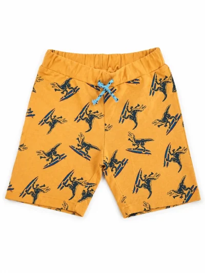 Baby Boys Dinosaur Print Shorts | Cotton Drawstring Shorts | Mustard Surfing Dino Print