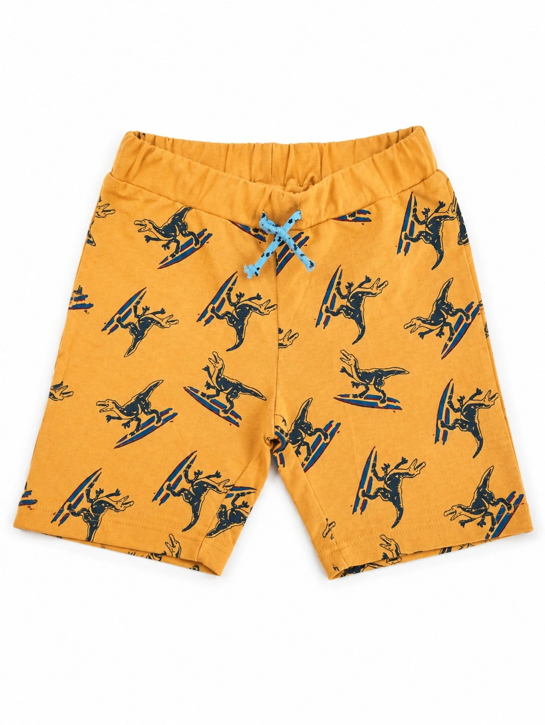 Baby Boys Dinosaur Print Shorts | Cotton Drawstring Shorts | Mustard Surfing Dino Print