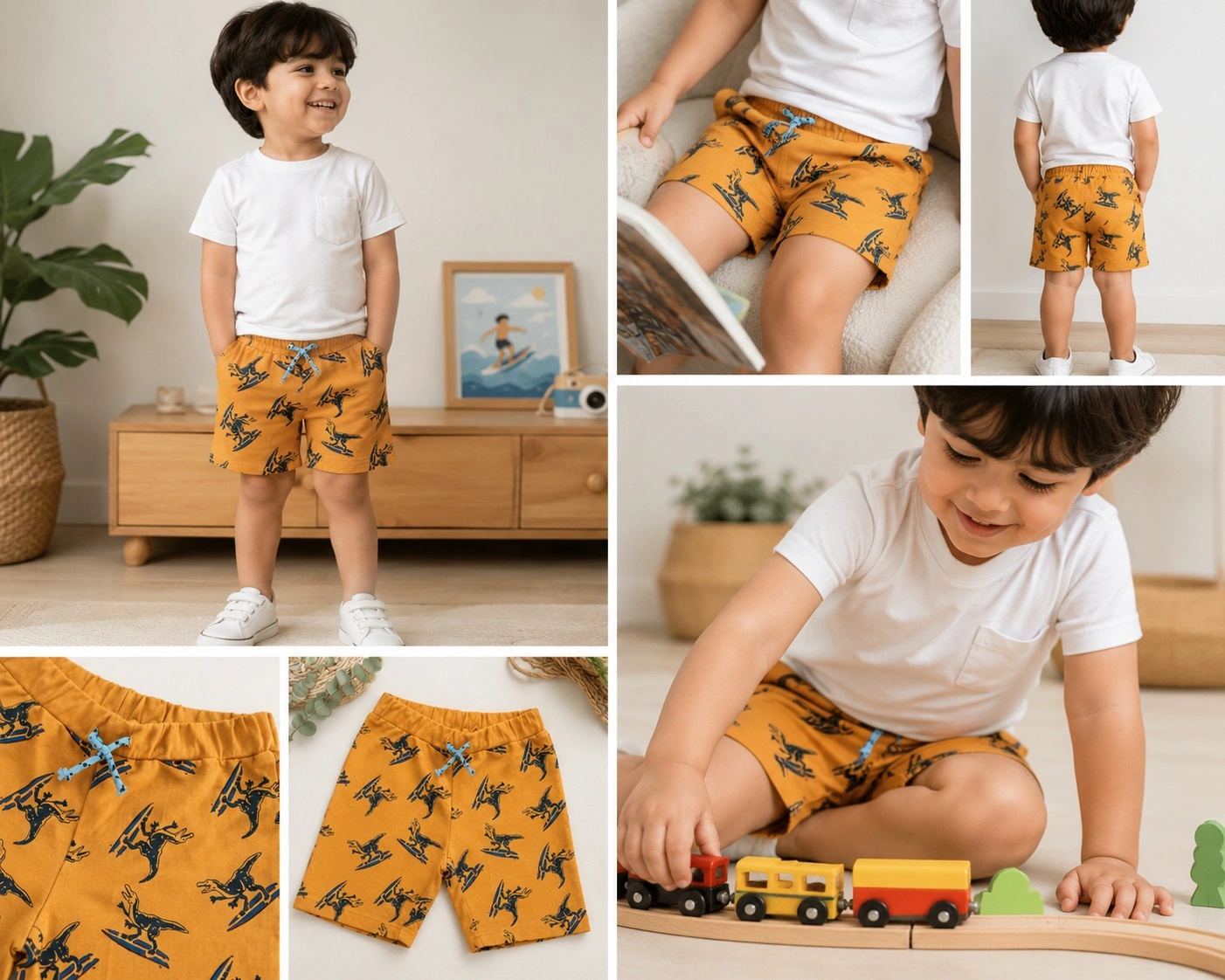 Baby Boys Dinosaur Print Shorts | Cotton Drawstring Shorts | Mustard Surfing Dino Print