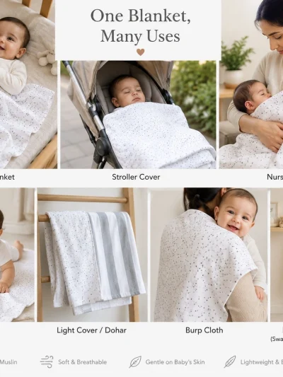 Baby Muslin Blanket & Bandana Bib Set | Grey Speckle Print | Soft Cotton Gift Set