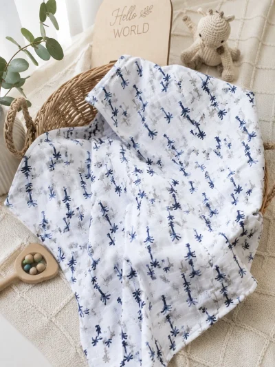 Organic Muslin Cotton Baby Swaddle Blanket | Navy Giraffe Print | Soft Breathable Wrap