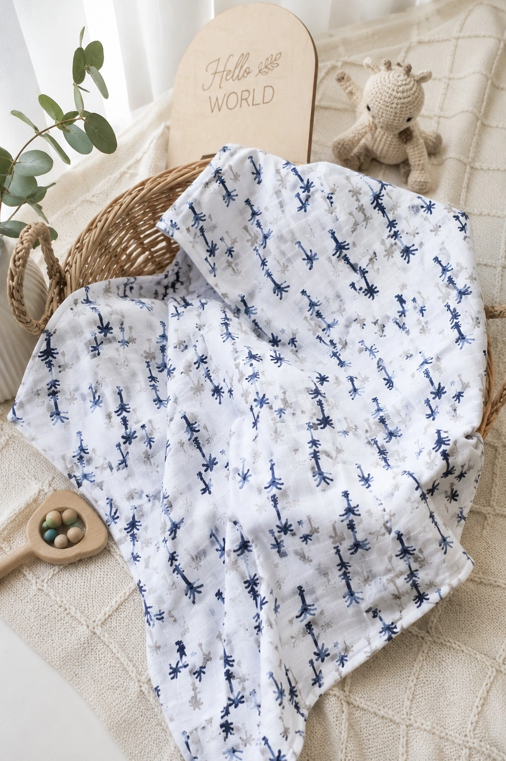 Organic Muslin Cotton Baby Swaddle Blanket | Navy Giraffe Print | Soft Breathable Wrap