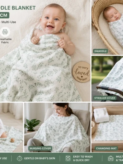 Organic Muslin Cotton Baby Swaddle Blanket | Sage Leaf Print | 60x60 cm Multi-Use Wrap