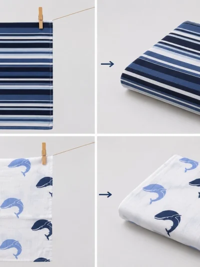 Organic Muslin Cotton Baby Swaddle | Navy Stripe & Whale Print | Set of 2 Designs