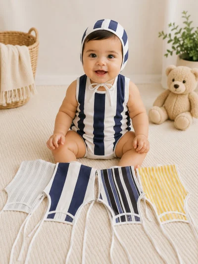 Baby Striped Romper with Matching Bonnet | Cotton Playsuit Set | Multiple Bonnet Colours