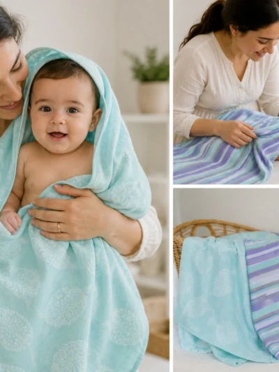 Organic Muslin Cotton Baby Swaddle | Teal Leaf & Purple Stripe | Set of 2 Designs