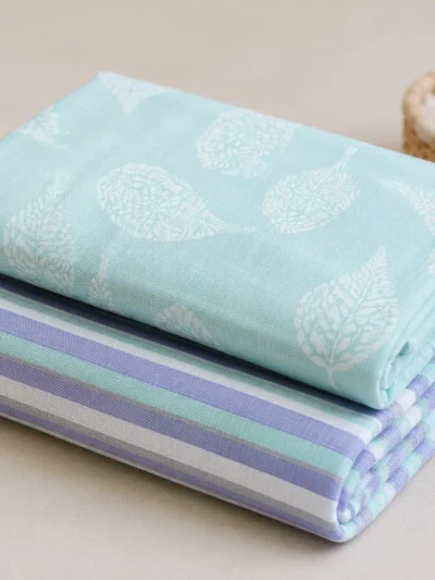 Organic Muslin Cotton Baby Swaddle | Teal Leaf & Purple Stripe | Set of 2 Designs