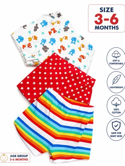 Baby Cotton Bloomers Pack of 3 | Dinosaur, Star & Rainbow Print | 3-6 Months