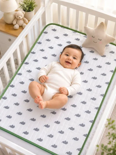 Baby Quilted Crib Mat | Grey Elephant Print | Soft Cotton Cot Mattress Topper